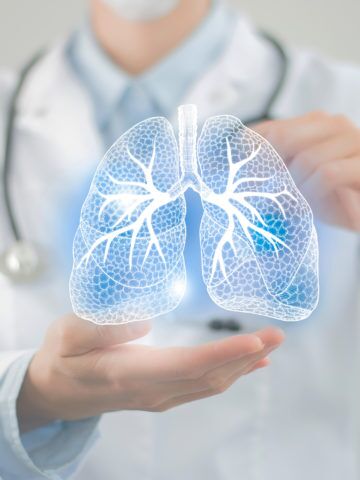 doctor holds digital pair of lungs