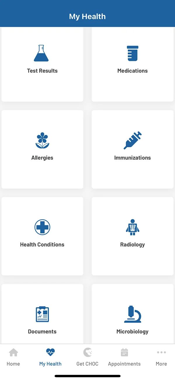 MyHealth portion of the MyCHOC app