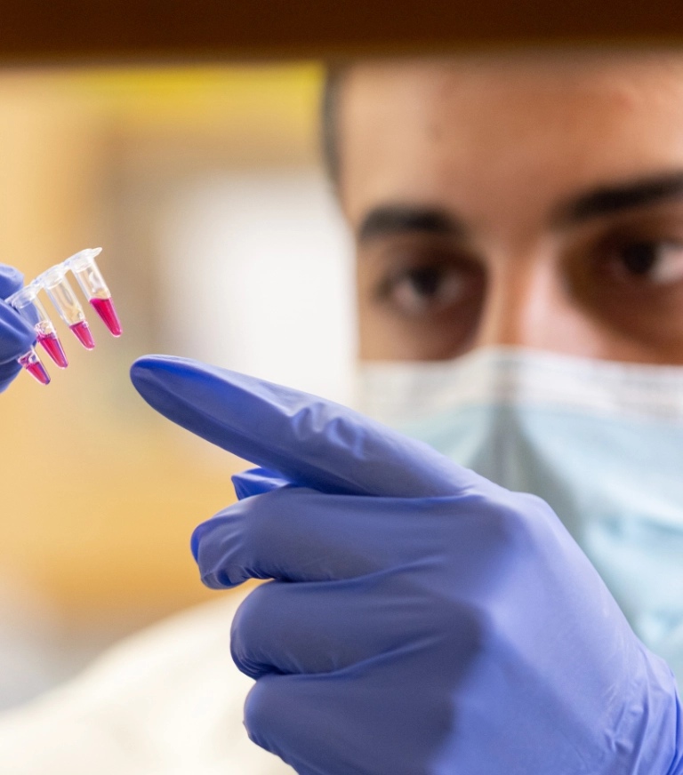 Researcher wearing mask and blue gloves examining pink liquid in a clear tube